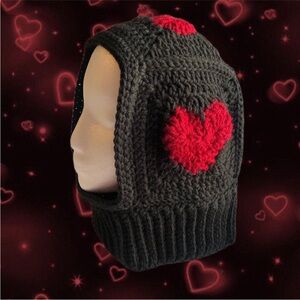 crochet black with burgundy heart granny square balaclava HANDMADE